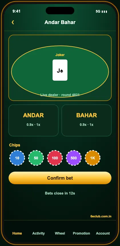 6E Club live casino Andar Bahar screen