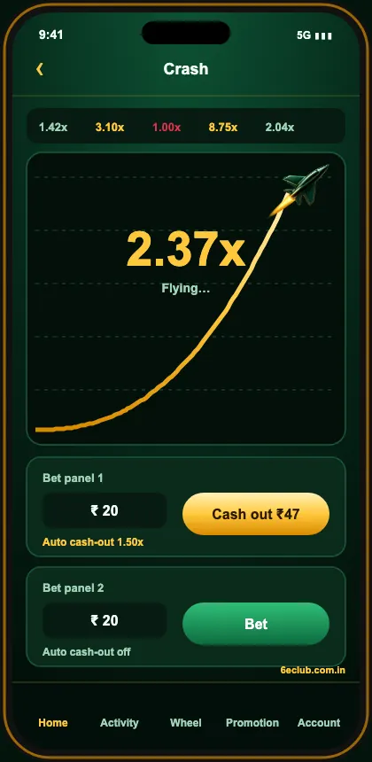 6E Club crash game screen