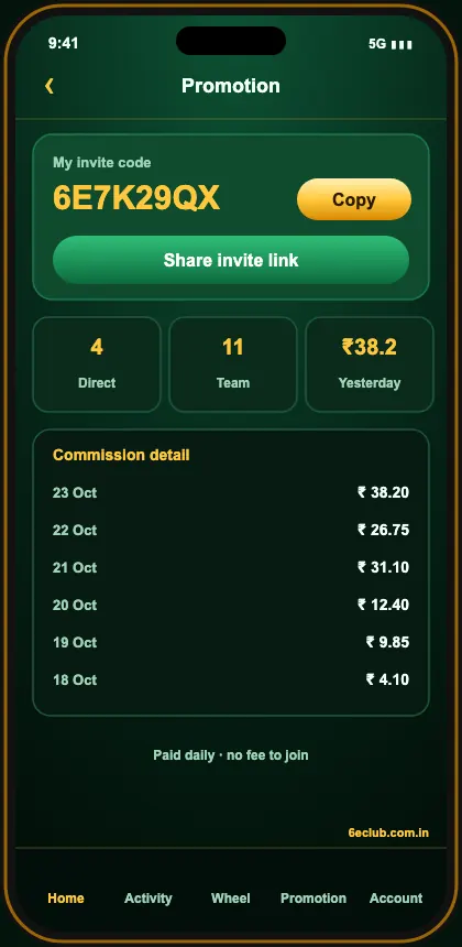 6E Club promotion and invite code screen